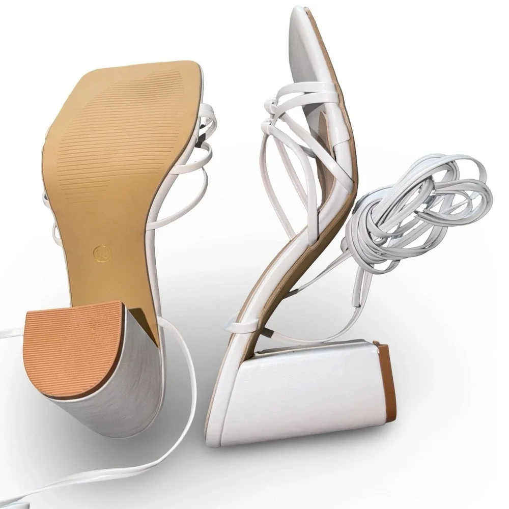 White Strappy Lace Up Block Heel Sandals Square Toe Knot Detail EUR 38 US 7.5 - Picture 10 of 12
